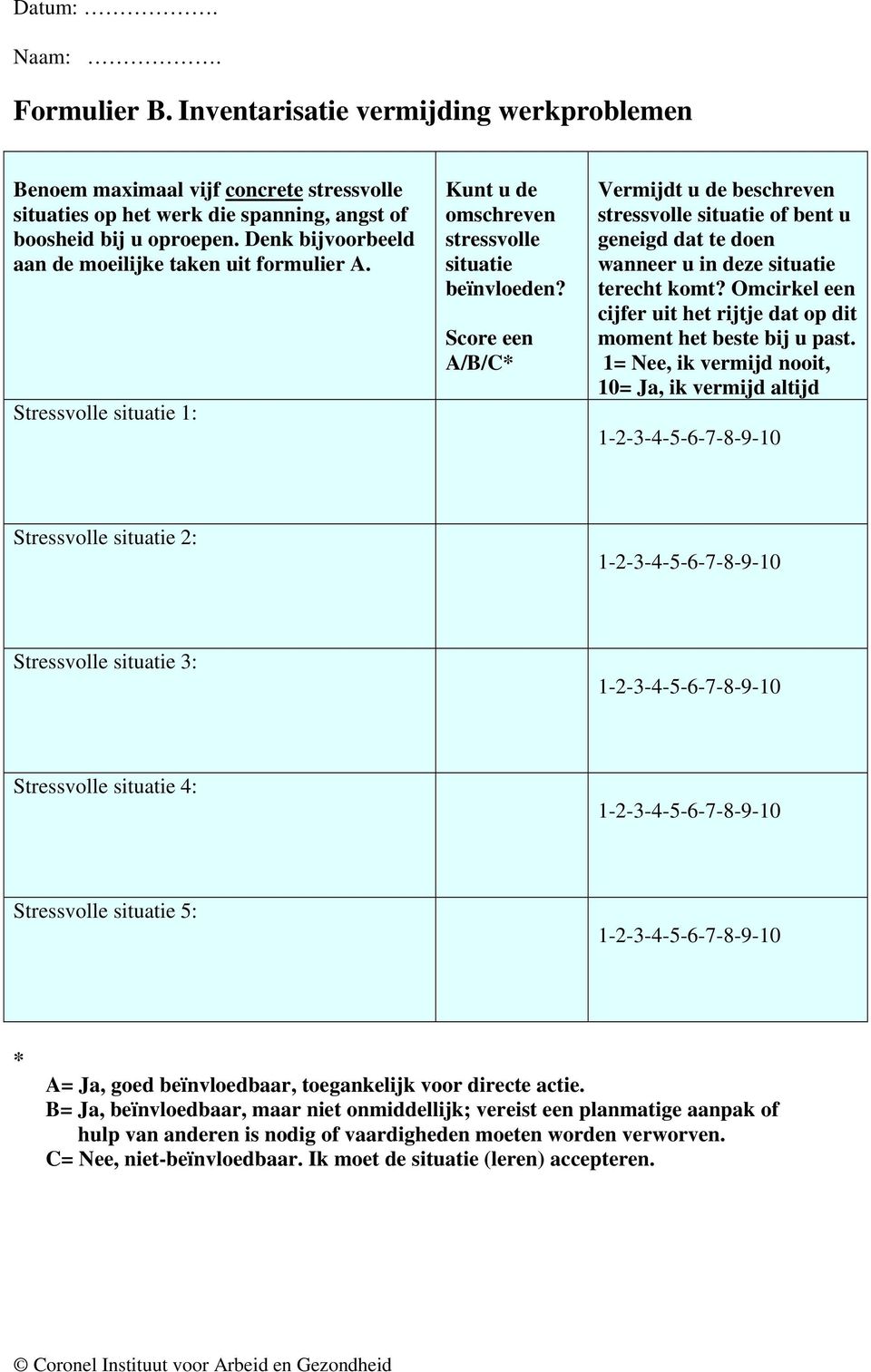 Score een A/B/C* Vermijdt u de beschreven stressvolle situatie of bent u geneigd dat te doen wanneer u in deze situatie terecht komt?