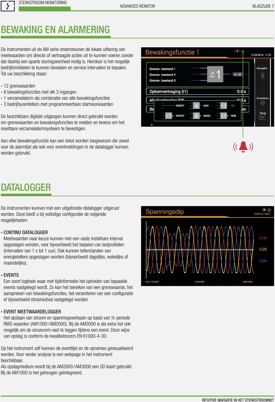 Tot uw beschikking staan: 12 grenswaarden 8 bewakingsfuncties met elk 3 ingangen 1 verzamelalarm als combinatie van alle bewakingsfuncties 3 bedrijfsurentellers met programmeerbare startvoorwaarden