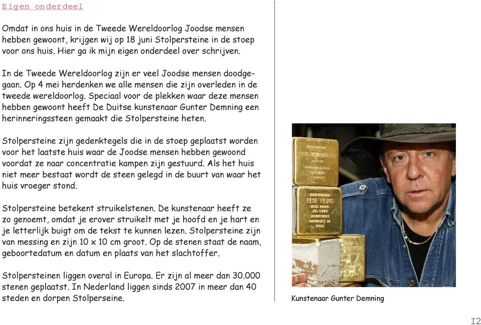 Speciaal voor de plekken waar deze mensen hebben gewoont heeft De Duitse kunstenaar Gunter Demning een herinneringssteen gemaakt die Stolpersteine heten.