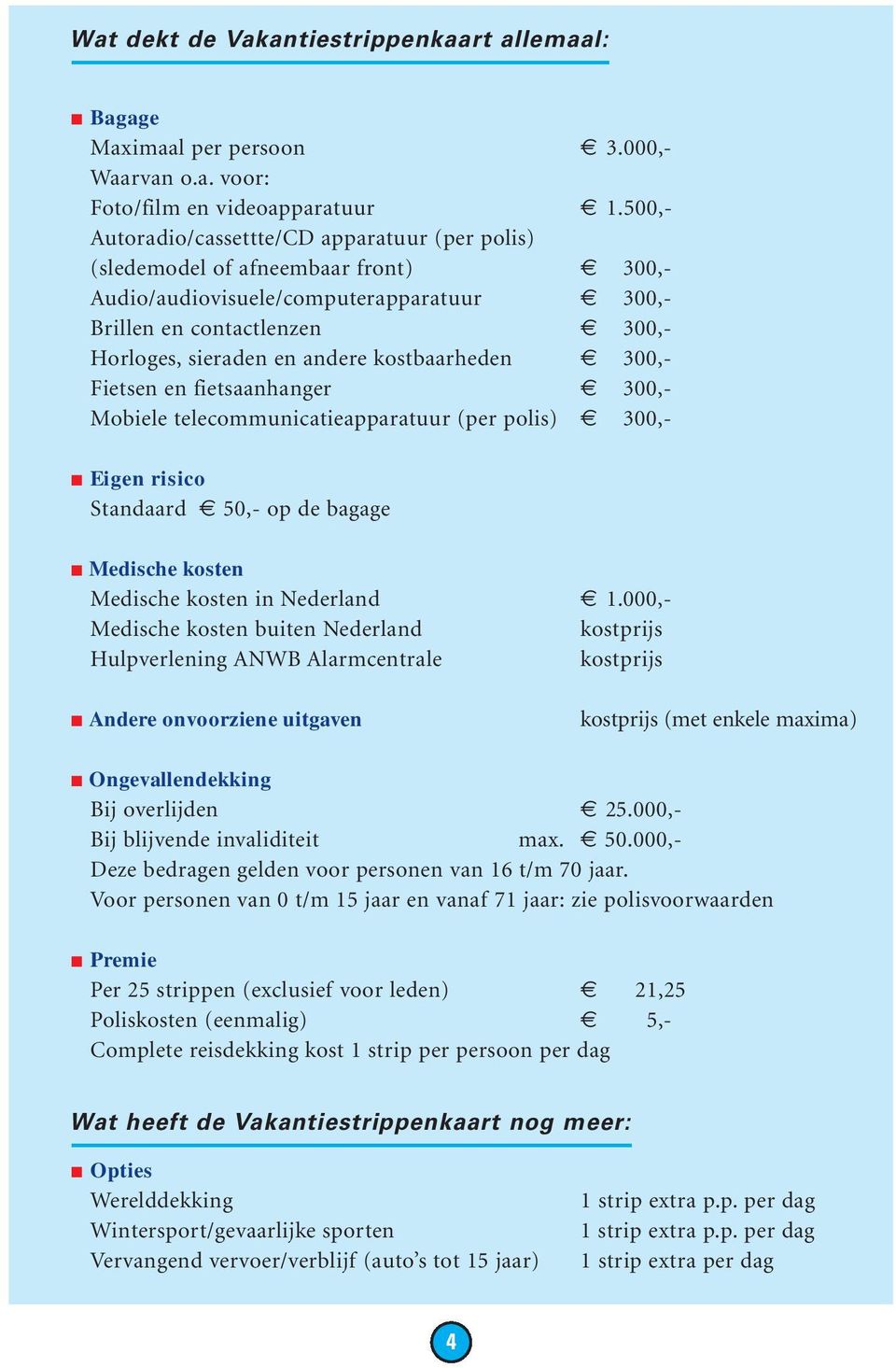 kostbaarheden 300,- Fietsen en fietsaanhanger 300,- Mobiele telecommunicatieapparatuur (per polis) 300,- Eigen risico Standaard 50,- op de bagage Medische kosten Medische kosten in Nederland 1.