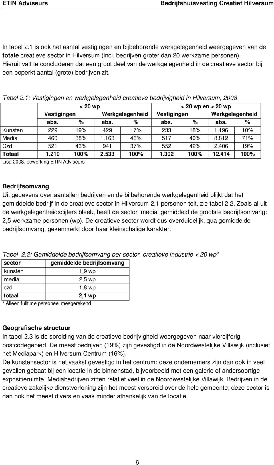 1: Vestigingen en werkgelegenheid creatieve bedrijvigheid in Hilversum, 2008 < 20 wp < 20 wp en > 20 wp Vestigingen Werkgelegenheid Vestigingen Werkgelegenheid abs. % abs.