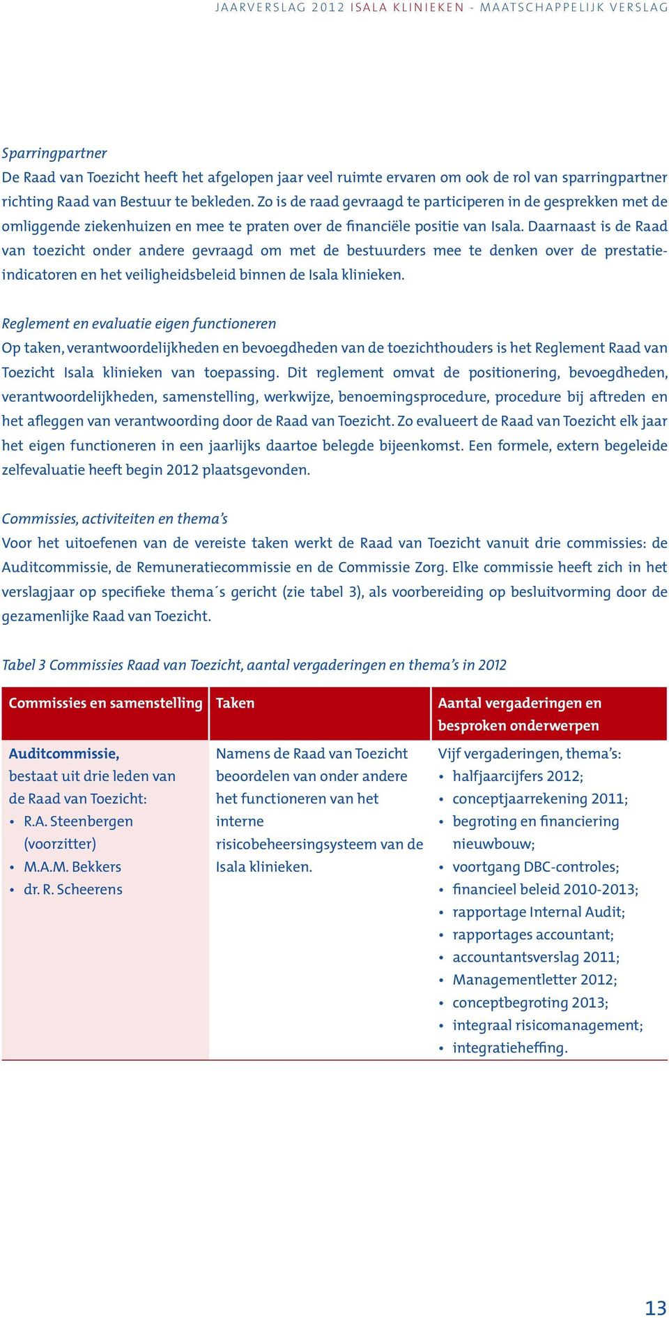 Daarnaast is de Raad van toezicht onder andere gevraagd om met de bestuurders mee te denken over de prestatieindicatoren en het veiligheidsbeleid binnen de Isala klinieken.