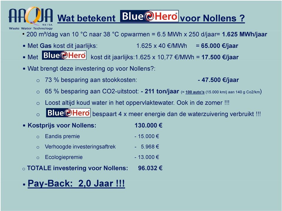 500 /jaar o 65 % besparing aan CO2-uitstoot: - 211 ton/jaar (= 100 auto s (15.000 km/j aan 140 g Co2/km) ) o Loost altijd koud water in het oppervlaktewater. Ook in de zomer!