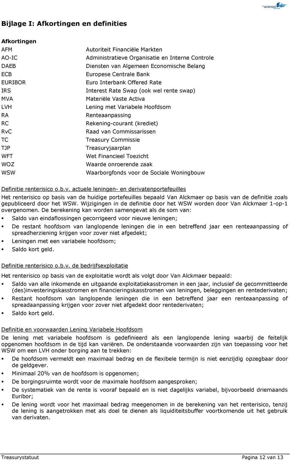 Renteaanpassing Rekening-courant (krediet) Raad van Commissarissen Treasury Commissie Treasuryjaarplan Wet Financieel Toezicht Waarde onroerende zaak Waarborgfonds voor de Sociale Woningbouw