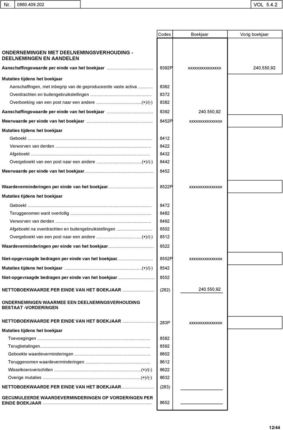 (+)/(-) 8382 Aanschaffingswaarde per einde van het boekjaar.... Meerwaarde per einde van het boekjaar... Mutaties tijdens het boekjaar 8392 8452P 240.550,92 xxxxxxxxxxxxxxx Geboekt.