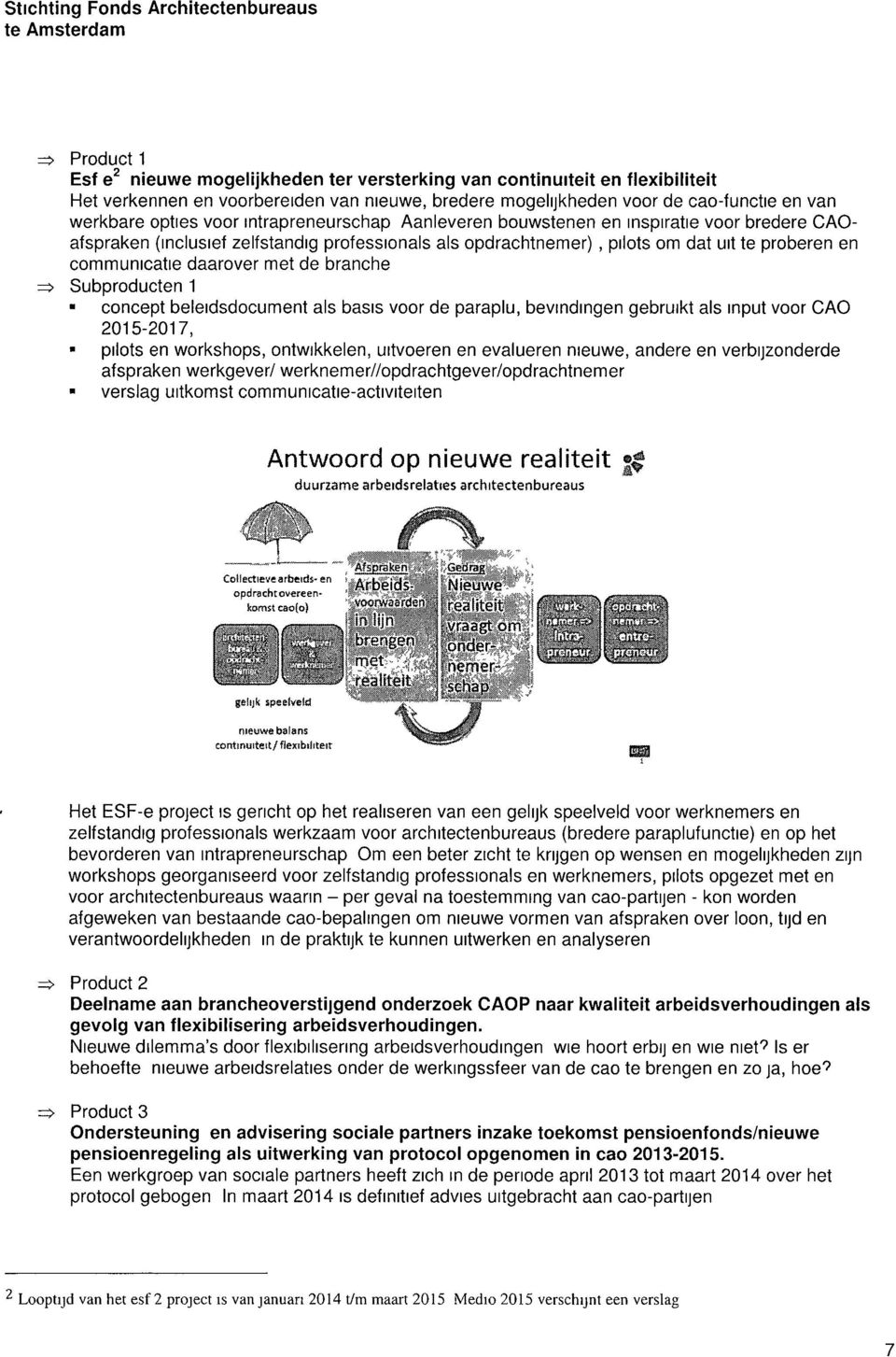 proberen en communicatie daarover met de branche Subproducten 1 " concept beleidsdocument als basis voor de paraplu, bevindingen gebruikt als input voor CAO 2015-2017, pilots en workshops,