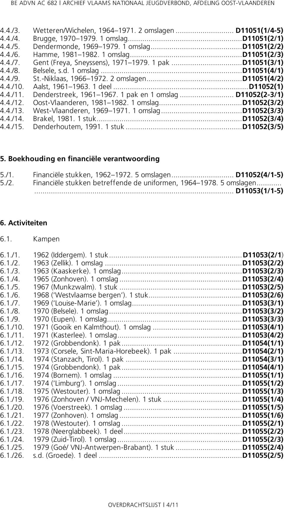 Aalst, 1961 1963. 1 deel...d11052(1) 4.4./11. Denderstreek, 1961 1967. 1 pak en 1 omslag... D11052(2-3/1) 4.4./12. Oost-Vlaanderen, 1981 1982. 1 omslag...d11052(3/2) 4.4./13.