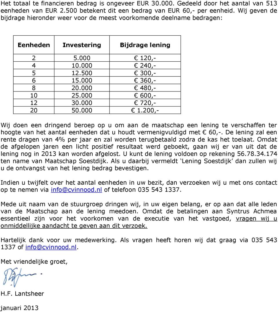 000 600,- 12 30.000 720,- 20 50.000 1.200,- Wij doen een dringend beroep op u om aan de maatschap een lening te verschaffen ter hoogte van het aantal eenheden dat u houdt vermenigvuldigd met 60,-.
