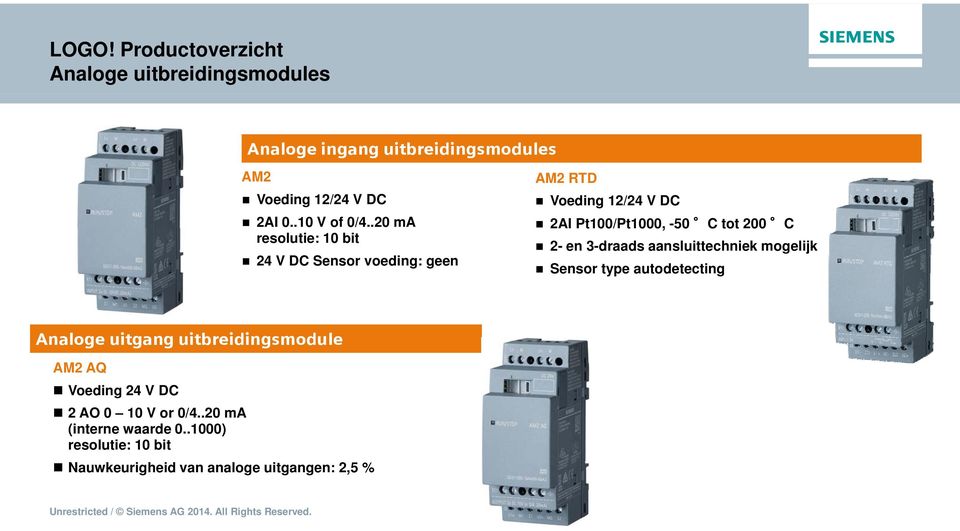 .20 ma resolutie: 10 bit 24 V DC Sensor voeding: geen AM2 RTD Voeding 12/24 V DC 2AI Pt100/Pt1000, -50 C tot 200 C 2-