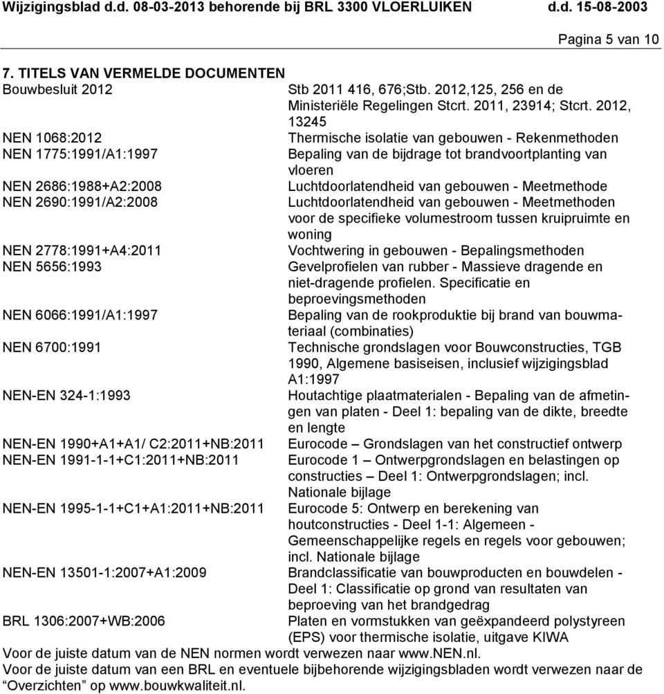 2690:1991/A2:2008 NEN 2778:1991+A4:2011 NEN 5656:1993 NEN 6066:1991/A1:1997 NEN 6700:1991 NEN-EN 324-1:1993 NEN-EN 1990+A1+A1/ C2:2011+NB:2011 NEN-EN 1991-1-1+C1:2011+NB:2011 NEN-EN