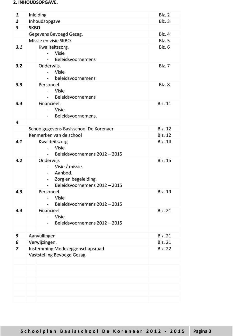 12 Kenmerken van de school Blz. 12 Blz. 14 4.1 Kwaliteitszorg - Visie - Beleidsvoornemens 2012 2015 4.2 Onderwijs - Visie / missie. - Aanbod. - Zorg en begeleiding. - Beleidsvoornemens 2012 2015 4.3 Personeel - Visie - Beleidsvoornemens 2012 2015 4.