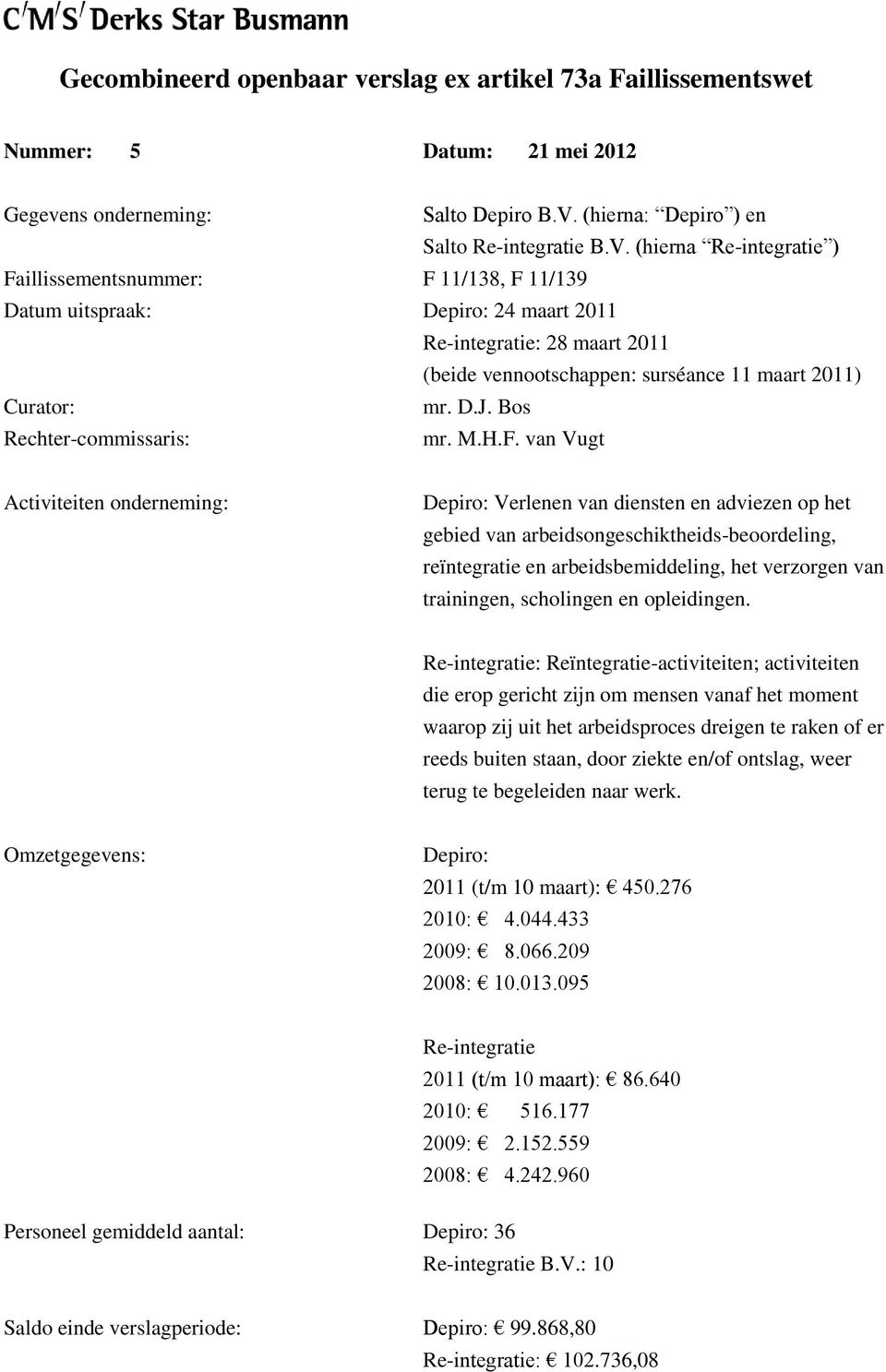 (hierna Re-integratie ) Faillissementsnummer: F 11/138, F 11/139 Datum uitspraak: Depiro: 24 maart 2011 Re-integratie: 28 maart 2011 (beide vennootschappen: surséance 11 maart 2011) Curator: mr. D.J.