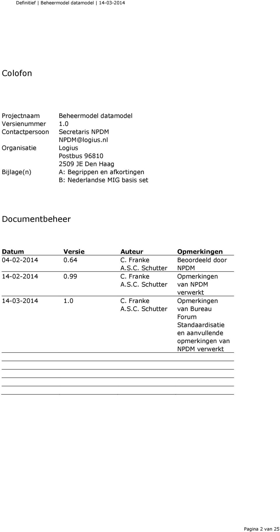 Datum Versie Auteur Opmerkingen 04-02-2014 0.64 C. Franke A.S.C. Schutter Beoordeeld door NPDM 14-02-2014 0.99 C. Franke A.S.C. Schutter Opmerkingen van NPDM verwerkt 14-03-2014 1.