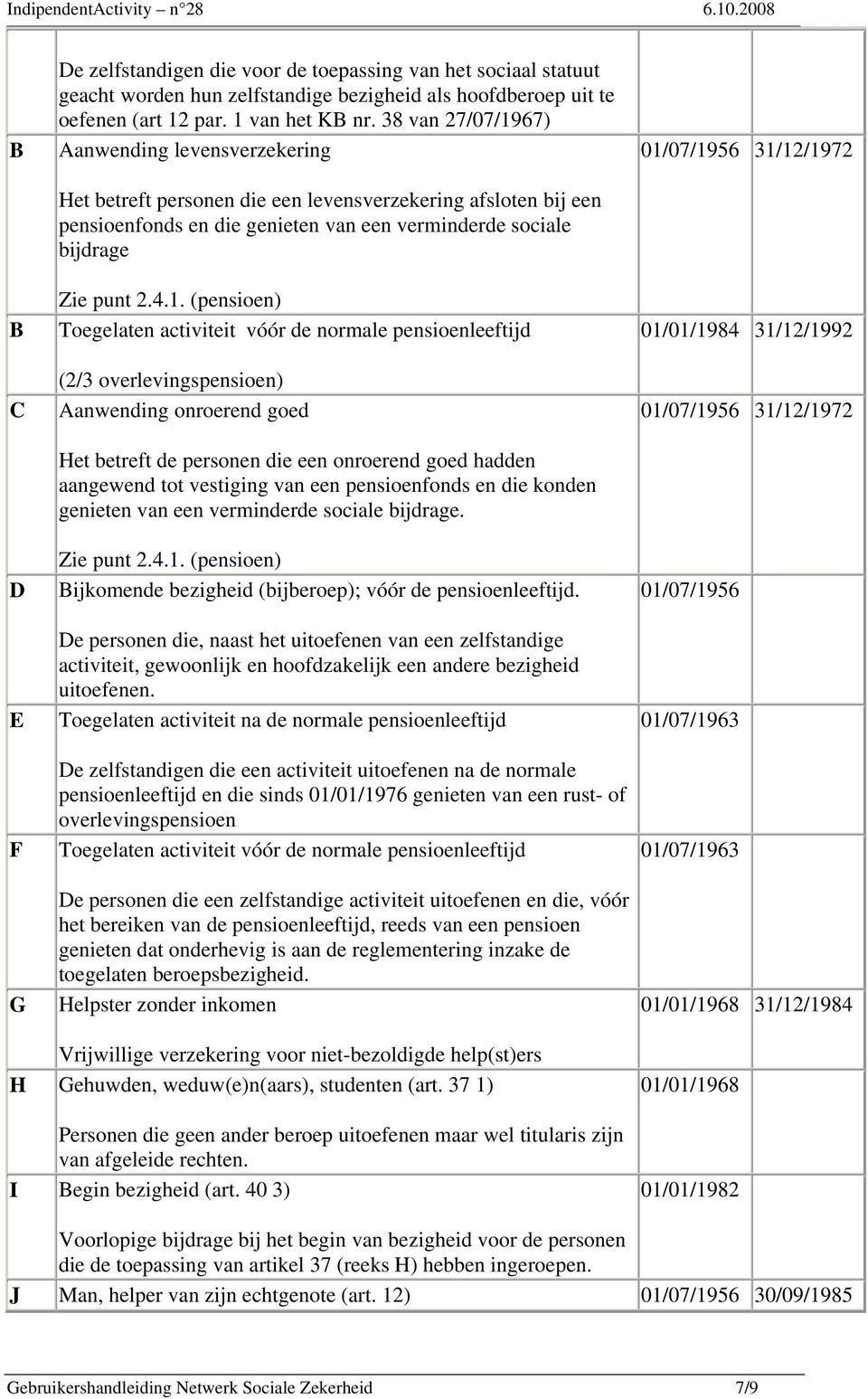 67) Aanwending levensverzekering Het betreft personen die een levensverzekering afsloten bij een pensioenfonds en die genieten van een verminderde sociale bijdrage Zie punt 2.4.1.