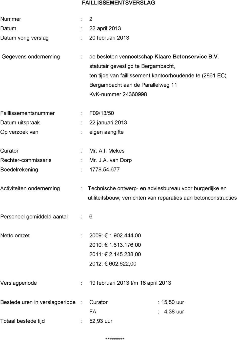 statutair gevestigd te Bergambacht, ten tijde van faillissement kantoorhoudende te (2861 EC) Bergambacht aan de Parallelweg 11 KvK-nummer 24360998 Faillissementsnummer : F09/13/50 Datum uitspraak :