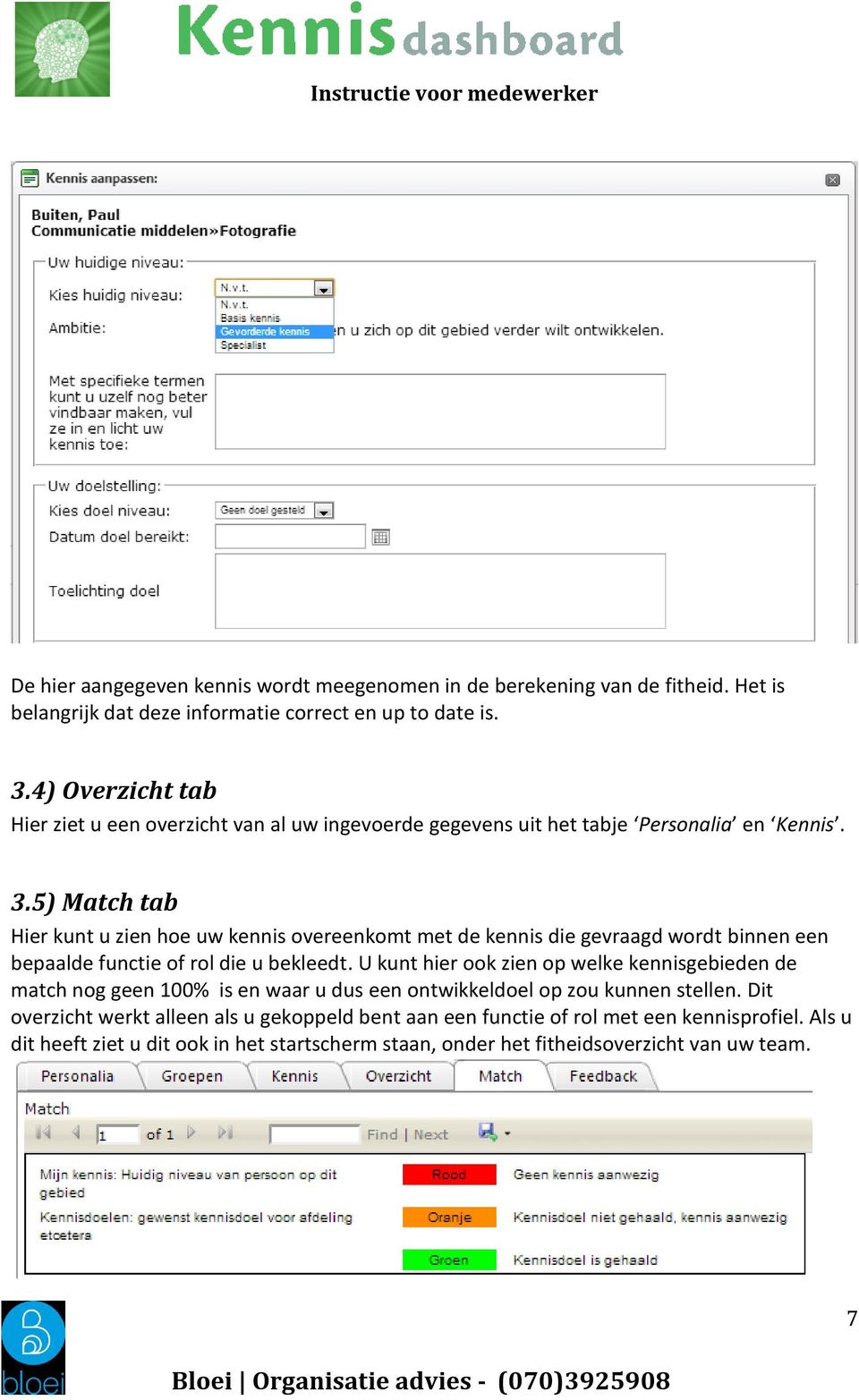 5) Match tab Hier kunt u zien hoe uw kennis overeenkomt met de kennis die gevraagd wordt binnen een bepaalde functie of rol die u bekleedt.