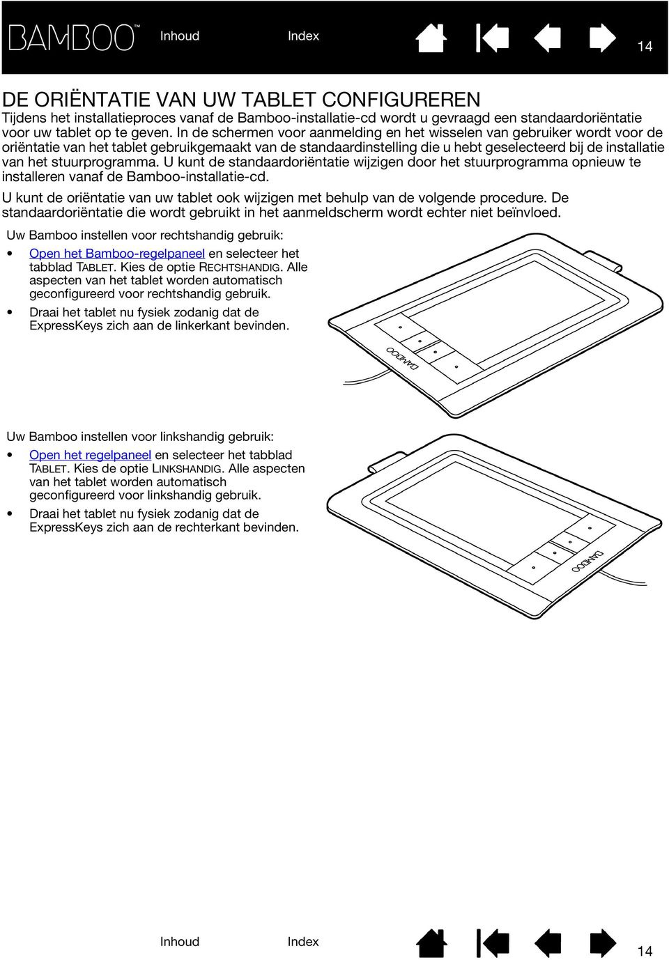 stuurprogramma. U kunt de standaardoriëntatie wijzigen door het stuurprogramma opnieuw te installeren vanaf de Bamboo-installatie-cd.
