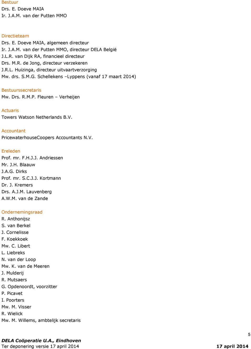 Drs. R.M.P. Fleuren Verheijen Actuaris Towers Watson Netherlands B.V. Accountant PricewaterhouseCoopers Accountants N.V. Ereleden Prof. mr. F.H.J.J. Andriessen Mr. J.H. Blaauw J.A.G. Dirks Prof. mr. S.