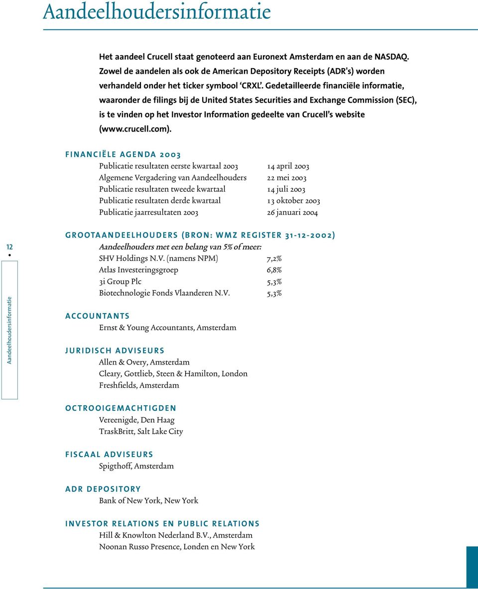 Gedetailleerde financiële informatie, waaronder de filings bij de United States Securities and Exchange Commission (SEC), is te vinden op het Investor Information gedeelte van Crucell s website (www.