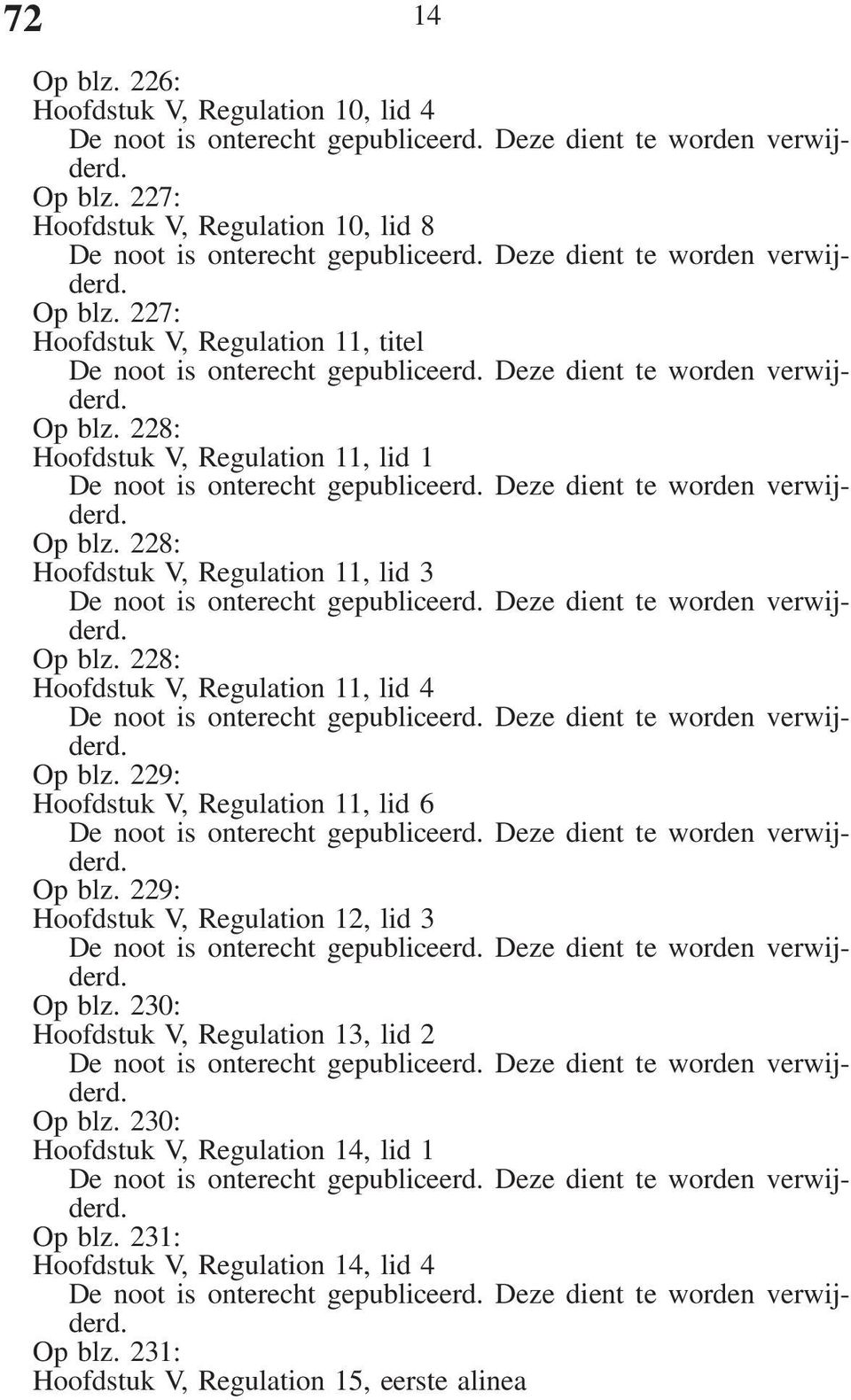 Deze dient te worden verwijderd. Op blz. 228: Hoofdstuk V, Regulation 11, lid 3 De noot is onterecht gepubliceerd. Deze dient te worden verwijderd. Op blz. 228: Hoofdstuk V, Regulation 11, lid 4 De noot is onterecht gepubliceerd.