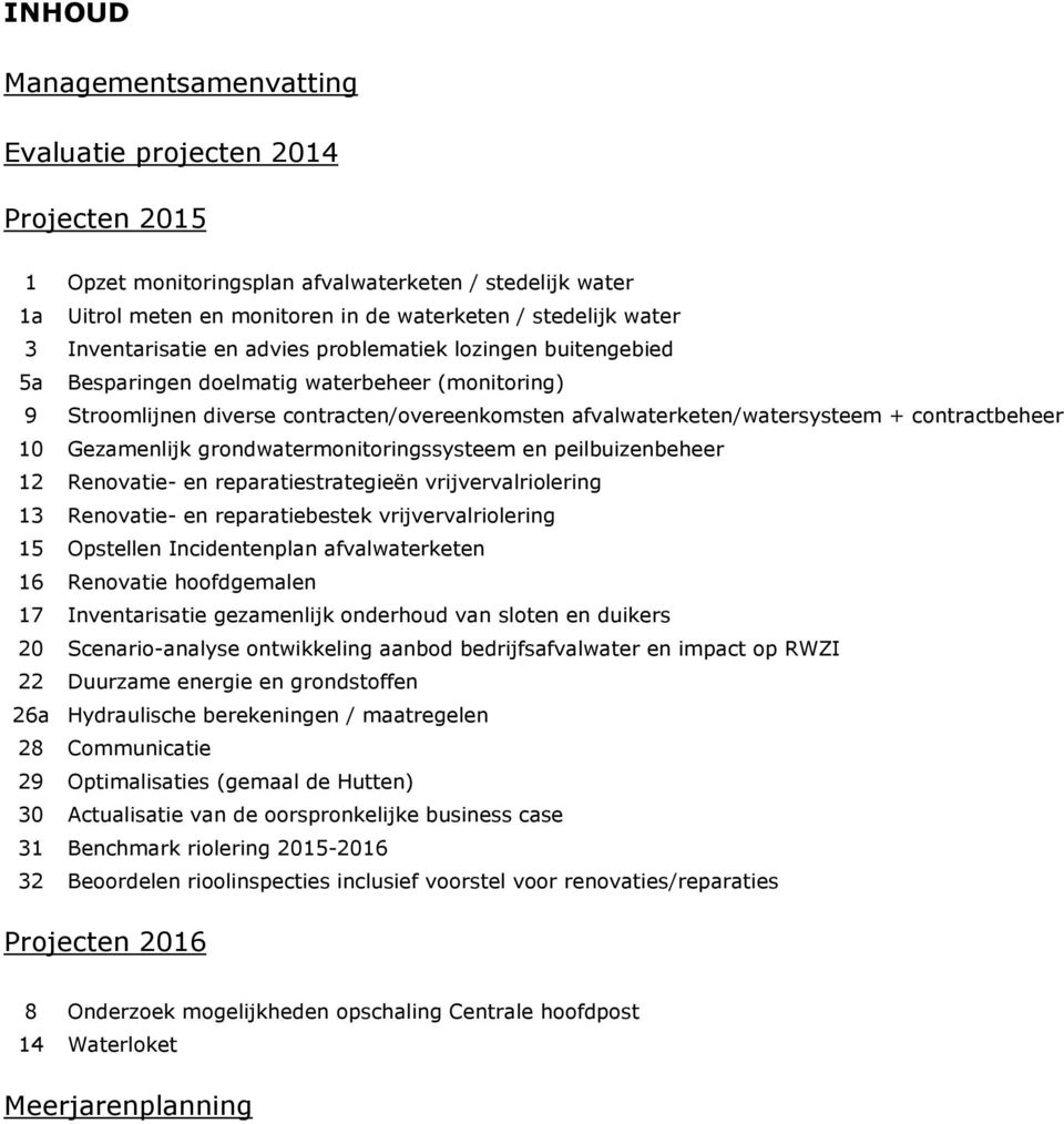 contractbeheer 10 Gezamenlijk grondwatermonitoringssysteem en peilbuizenbeheer 12 Renovatie- en reparatiestrategieën vrijvervalriolering 13 Renovatie- en reparatiebestek vrijvervalriolering 15