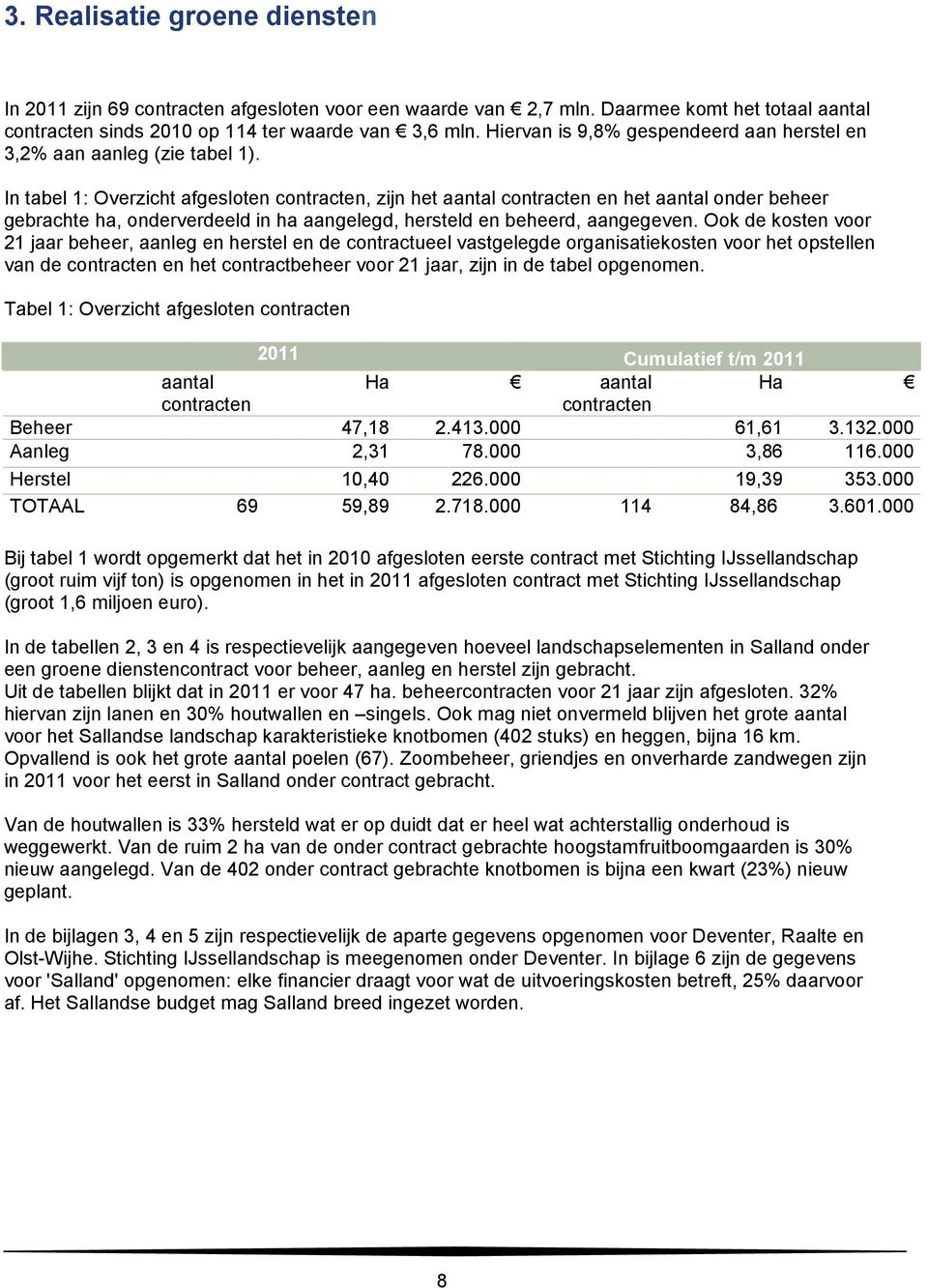 In tabel 1: Overzicht afgesloten contracten, zijn het aantal contracten en het aantal onder beheer gebrachte ha, onderverdeeld in ha aangelegd, hersteld en beheerd, aangegeven.