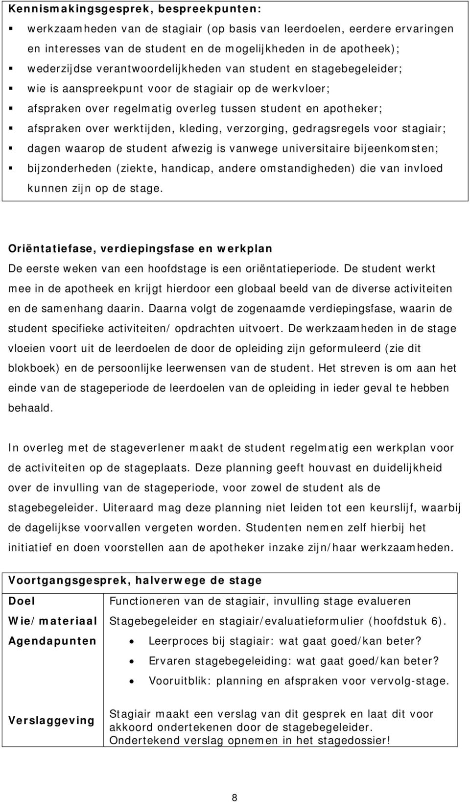 kleding, verzorging, gedragsregels voor stagiair; dagen waarop de student afwezig is vanwege universitaire bijeenkomsten; bijzonderheden (ziekte, handicap, andere omstandigheden) die van invloed