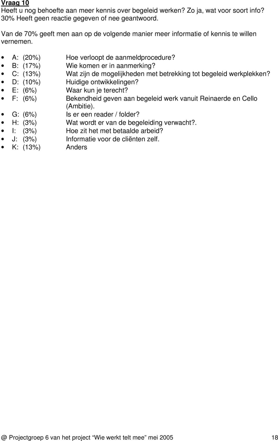 C: (13%) Wat zijn de mogelijkheden met betrekking tot begeleid werkplekken? D: (10%) Huidige ontwikkelingen? E: (6%) Waar kun je terecht?