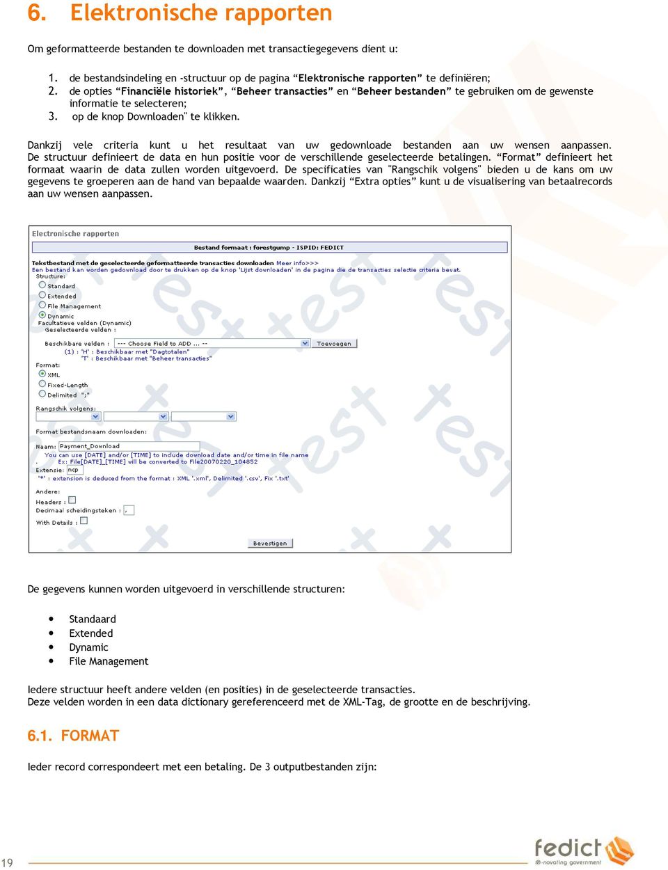 Dankzij vele criteria kunt u het resultaat van uw gedownloade bestanden aan uw wensen aanpassen. De structuur definieert de data en hun positie voor de verschillende geselecteerde betalingen.