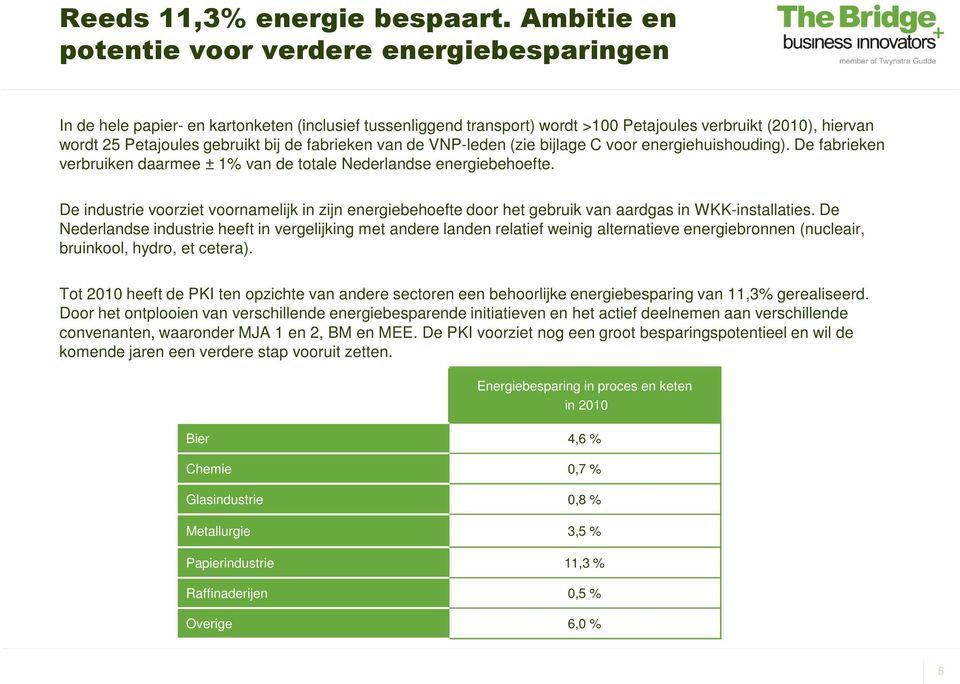 bij de fabrieken van de VNP-leden (zie bijlage C voor energiehuishouding). De fabrieken verbruiken daarmee ± 1% van de totale Nederlandse energiebehoefte.