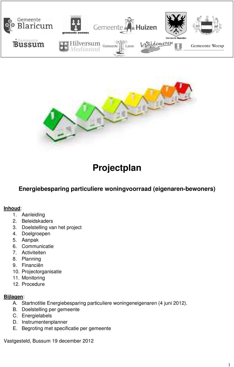 Projectorganisatie 11. Monitoring 12. Procedure Bijlagen: A.