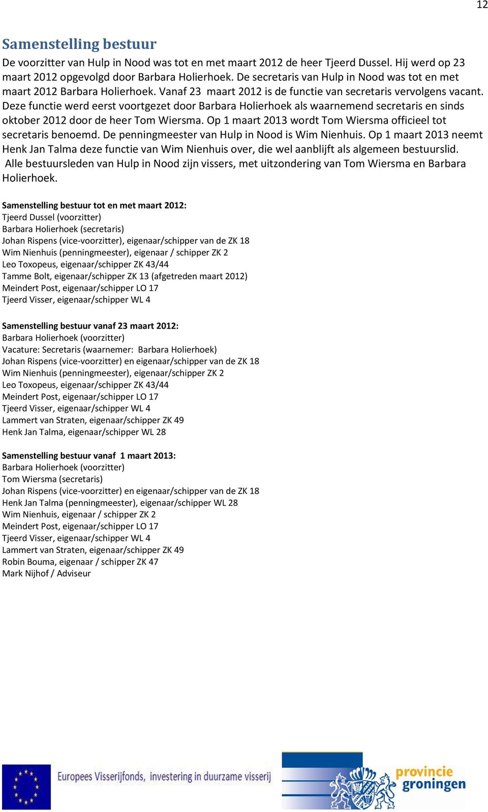 Deze functie werd eerst voortgezet door Barbara Holierhoek als waarnemend secretaris en sinds oktober 2012 door de heer Tom Wiersma. Op 1 maart 2013 wordt Tom Wiersma officieel tot secretaris benoemd.