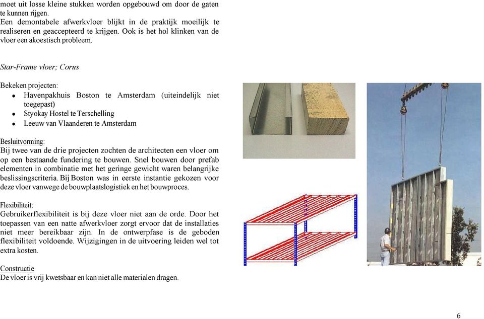 Star-Frame vloer; Corus Havenpakhuis Boston te Amsterdam (uiteindelijk niet toegepast) Styokay Hostel te Terschelling Leeuw van Vlaanderen te Amsterdam Bij twee van de drie projecten zochten de