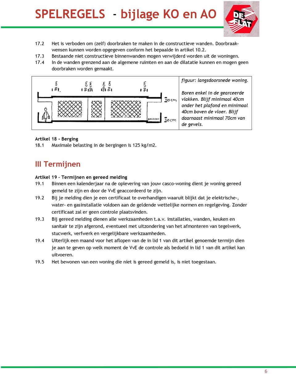 4 In de wanden grenzend aan de algemene ruimten en aan de dilatatie kunnen en mogen geen doorbraken worden gemaakt. figuur: langsdoorsnede woning. Boren enkel in de gearceerde vlakken.