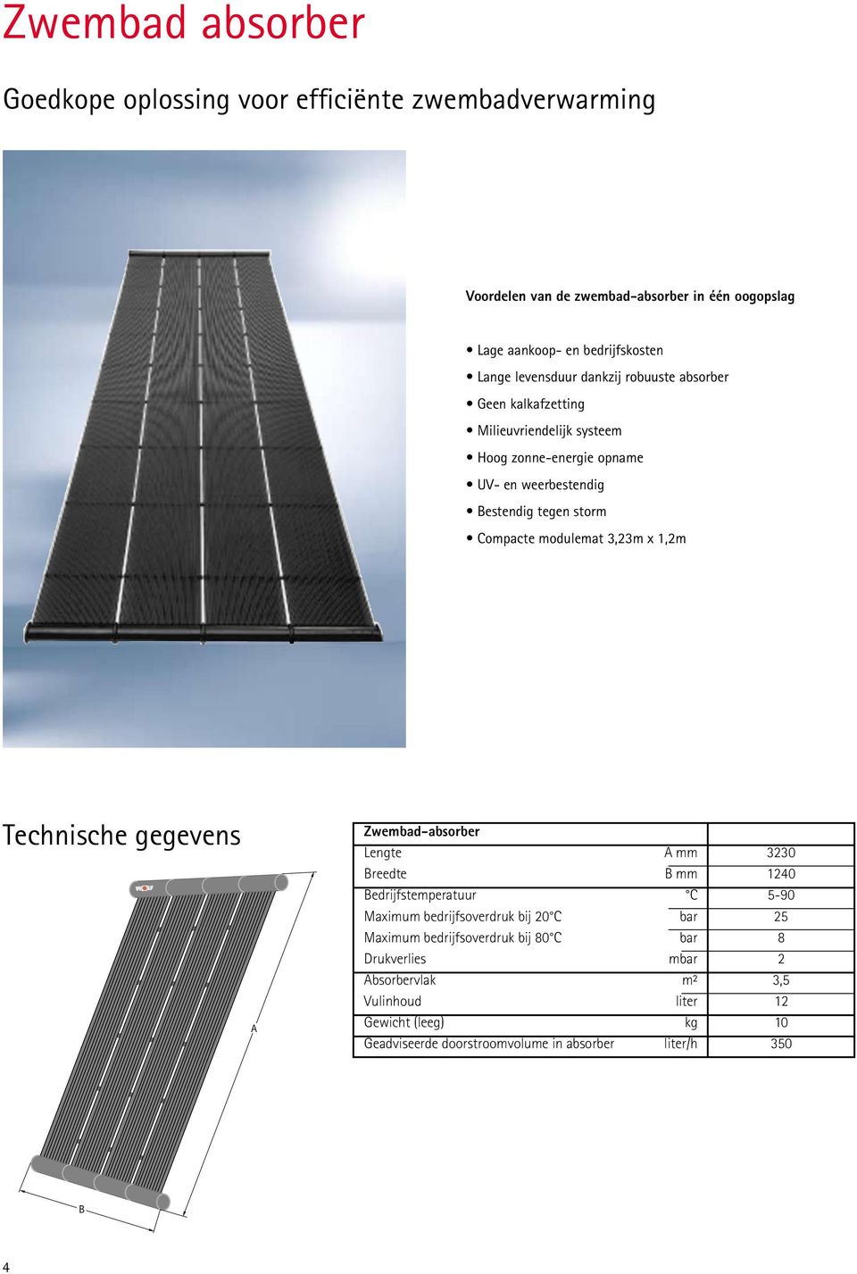 modulemat 3,23m x 1,2m Technische gegevens A Zwembad-absorber Lengte A mm 3230 Breedte B mm 1240 Bedrijfstemperatuur C 5-90 Maximum bedrijfsoverdruk bij 20 C bar 25