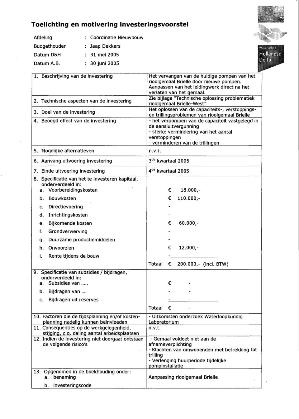 Specificatie van het te investeren kapitaal, onderverdeeld in: a. Voorbereidingskosten b. Bouwkosten c. Directievoering d. Inrichtingskosten e. Bijkomende kosten f. Grondverwerving g.