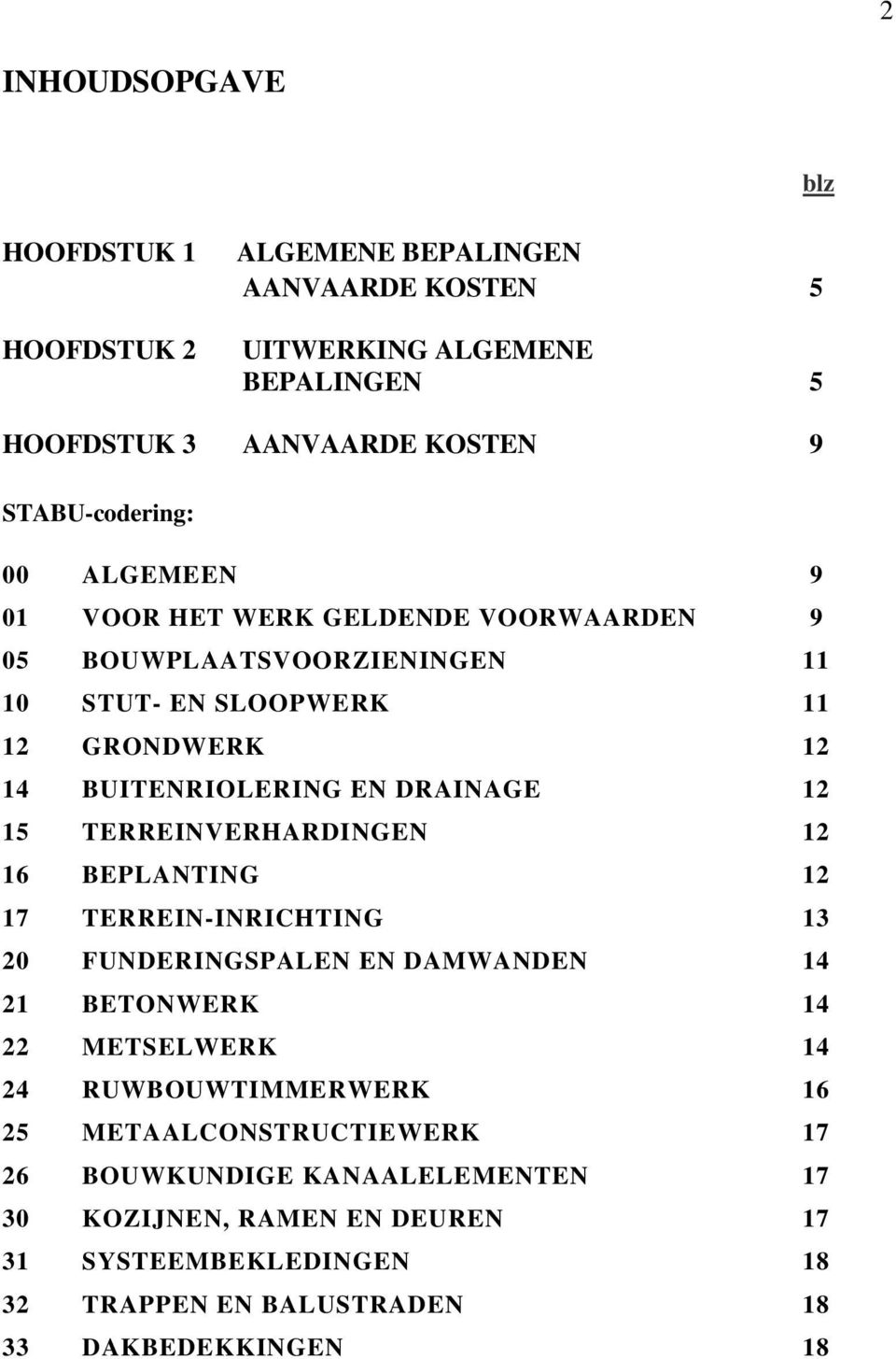 TERREINVERHARDINGEN 12 16 BEPLANTING 12 17 TERREIN-INRICHTING 13 20 FUNDERINGSPALEN EN DAMWANDEN 14 21 BETONWERK 14 22 METSELWERK 14 24 RUWBOUWTIMMERWERK 16 25