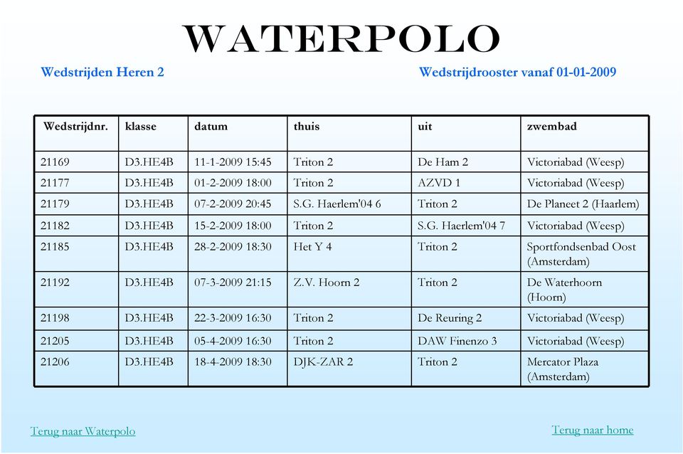 HE4B 28-2-2009 18:30 Het Y 4 Triton 2 Sportfondsenbad Oost (Amsterdam) 21192 D3.HE4B 07-3-2009 21:15 Z.V. Hoorn 2 Triton 2 De Waterhoorn (Hoorn) 21198 D3.