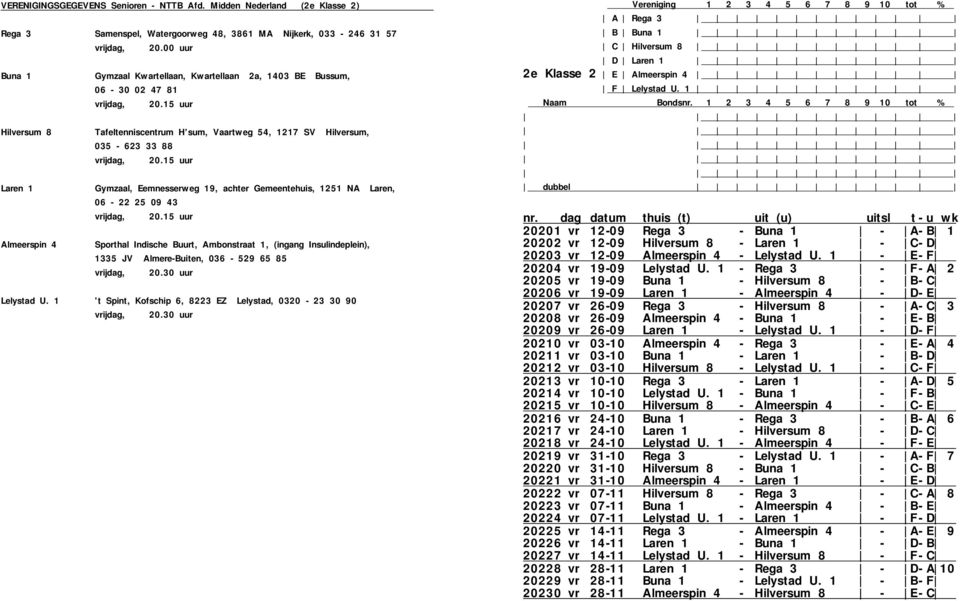 Tafeltenniscentrum H'sum, Vaartweg 54, 1217 SV Hilversum, 035-623 33 88 Laren 1 Gymzaal, Eemnesserweg 19, achter Gemeentehuis, 1251 NA Laren, 06-22 25 09 43 Almeerspin 4 Sporthal Indische Buurt,