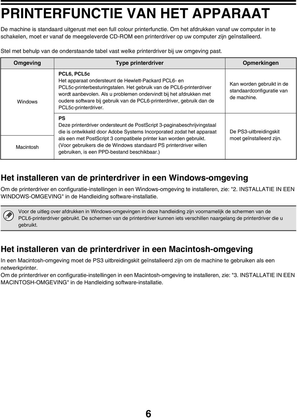 Stel met behulp van de onderstaande tabel vast welke printerdriver bij uw omgeving past.