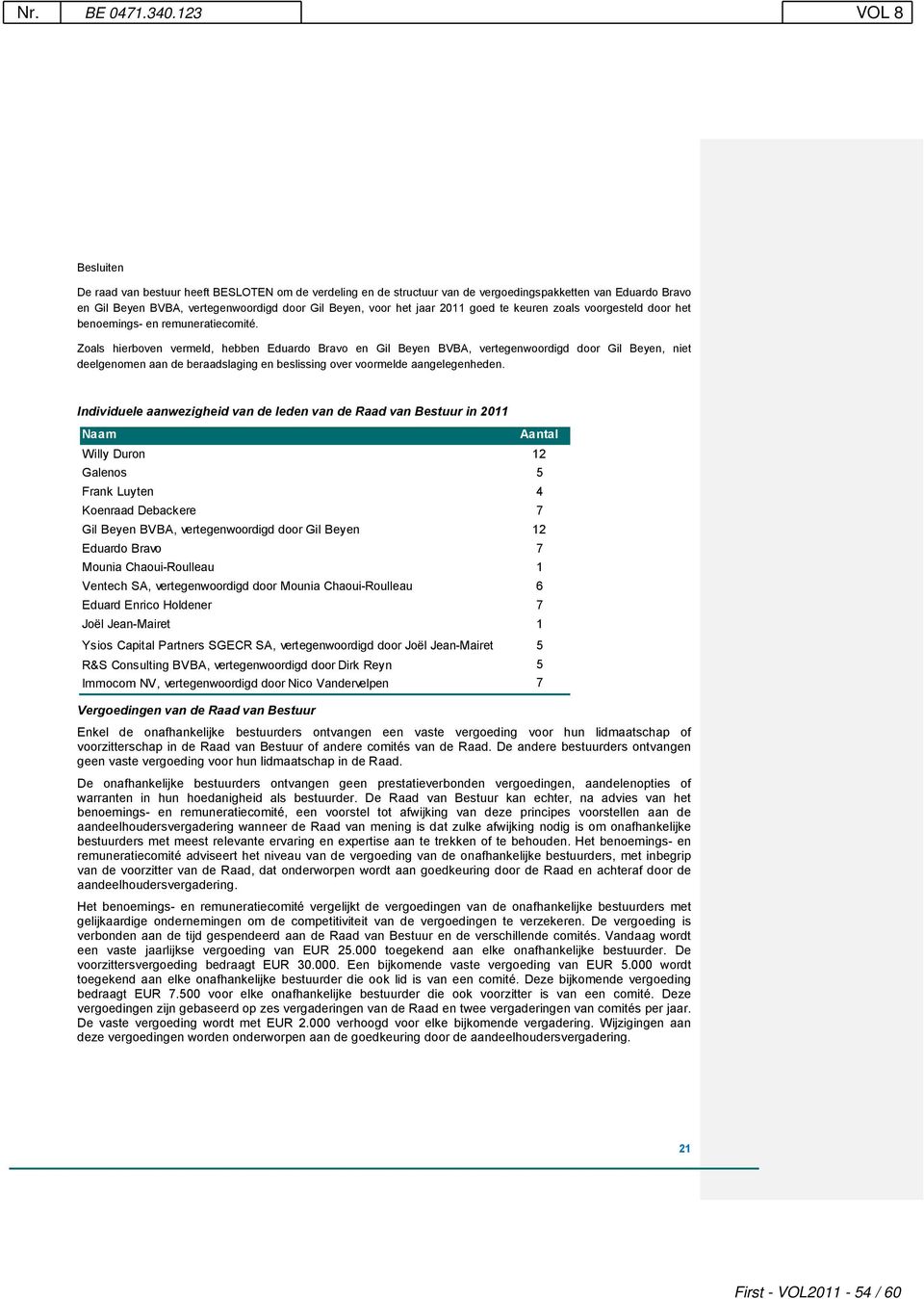 Zoals hierboven vermeld, hebben Eduardo Bravo en Gil Beyen BVBA, vertegenwoordigd door Gil Beyen, niet deelgenomen aan de beraadslaging en beslissing over voormelde aangelegenheden.