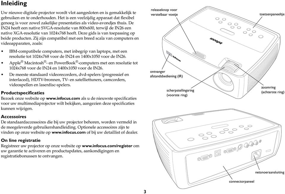 De IN24 heeft een native SVGA-resolutie van 800x600, terwijl de IN26 een native XGA-resolutie van 1024x768 heeft. Deze gids is van toepassing op beide producten.