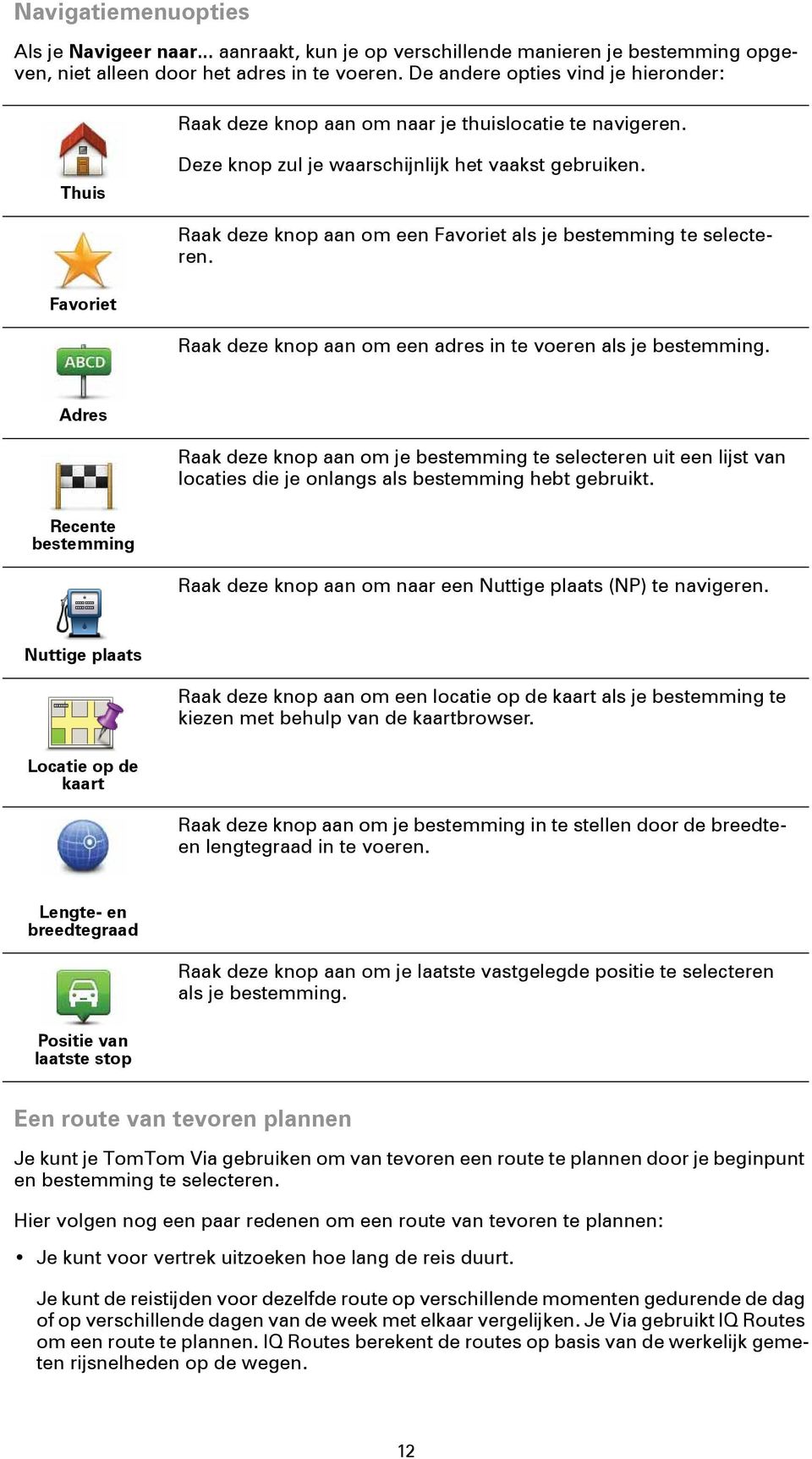 Raak deze knop aan om een Favoriet als je bestemming te selecteren. Favoriet Raak deze knop aan om een adres in te voeren als je bestemming.