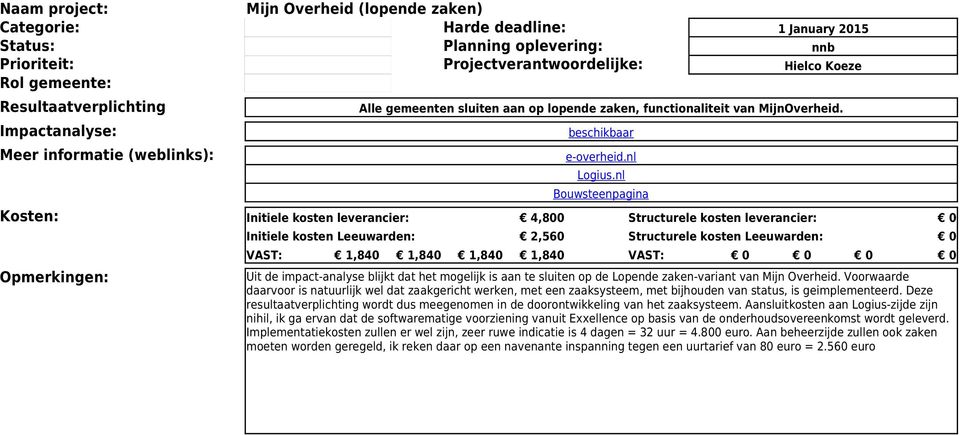 nl Bouwsteenpagina Initiele kosten Leeuwarden: 2,560 Structurele kosten Leeuwarden: 0 VAST: 1,840 1,840 1,840 1,840 VAST: 0 0 0 0 Uit de impact-analyse blijkt dat het mogelijk is aan te sluiten op de