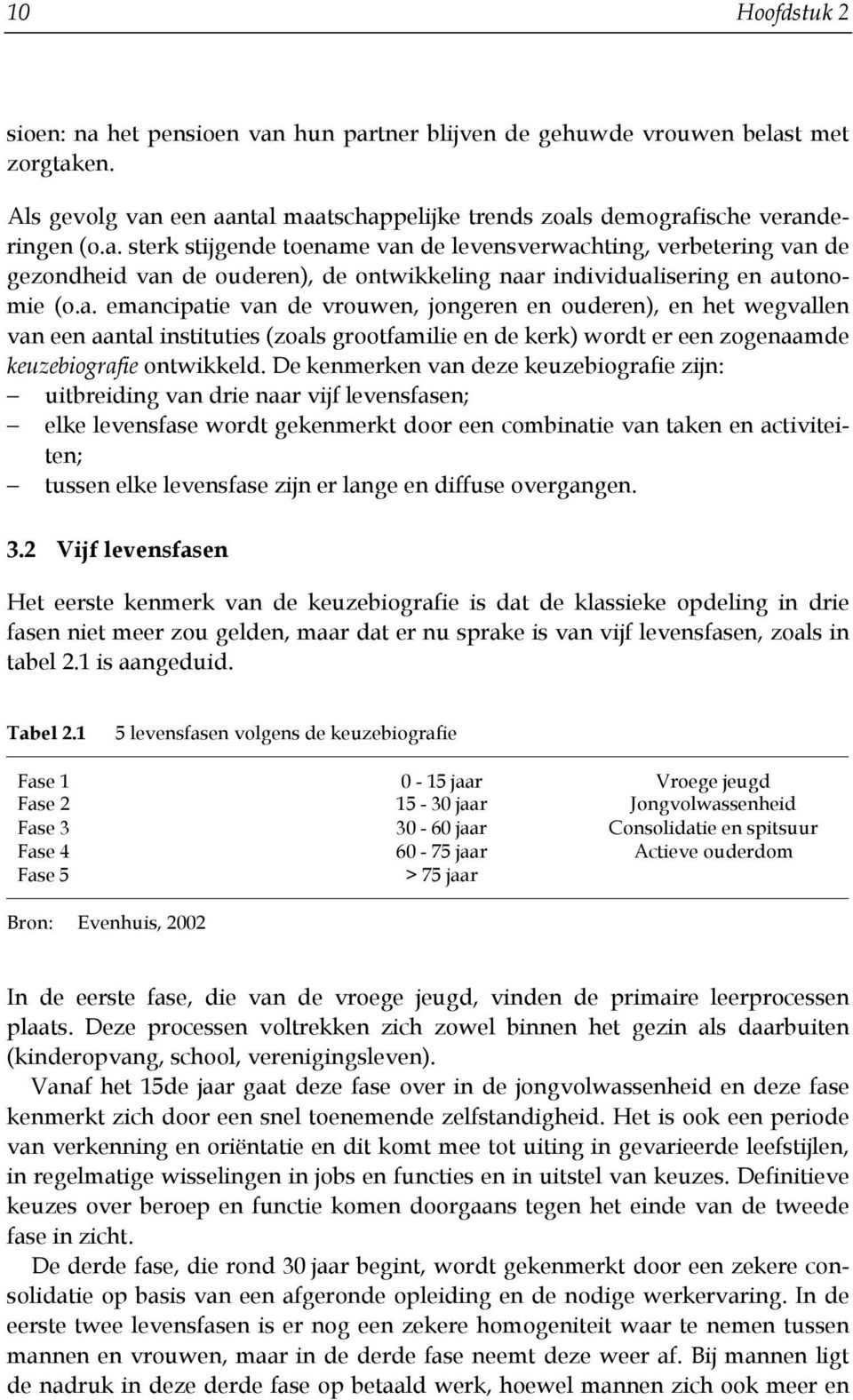 De kenmerken van deze keuzebiografie zijn: uitbreiding van drie naar vijf levensfasen; elke levensfase wordt gekenmerkt door een combinatie van taken en activiteiten; tussen elke levensfase zijn er