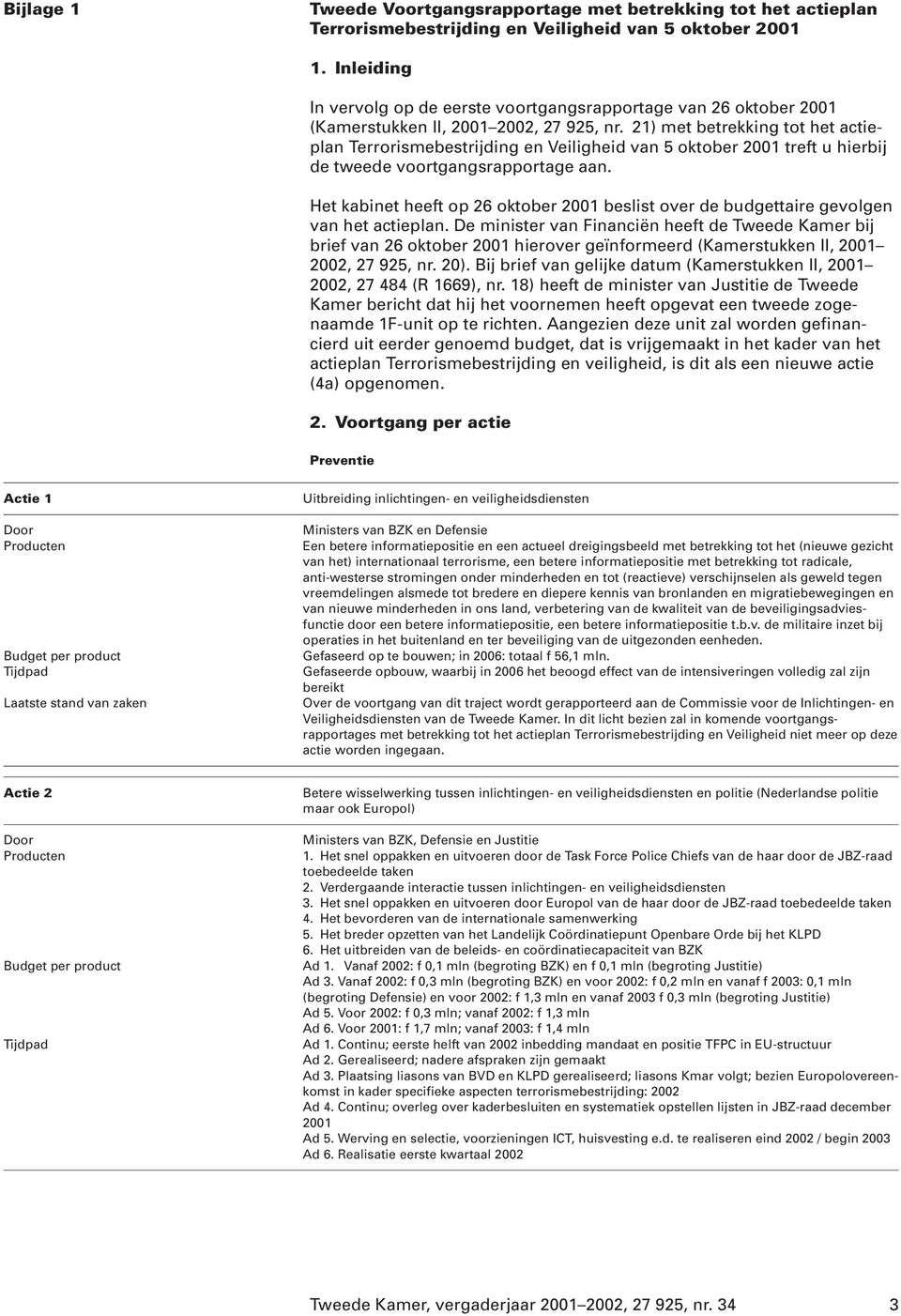 21) met betrekking tot het actieplan Terrorismebestrijding en Veiligheid van 5 oktober 2001 treft u hierbij de tweede voortgangsrapportage aan.