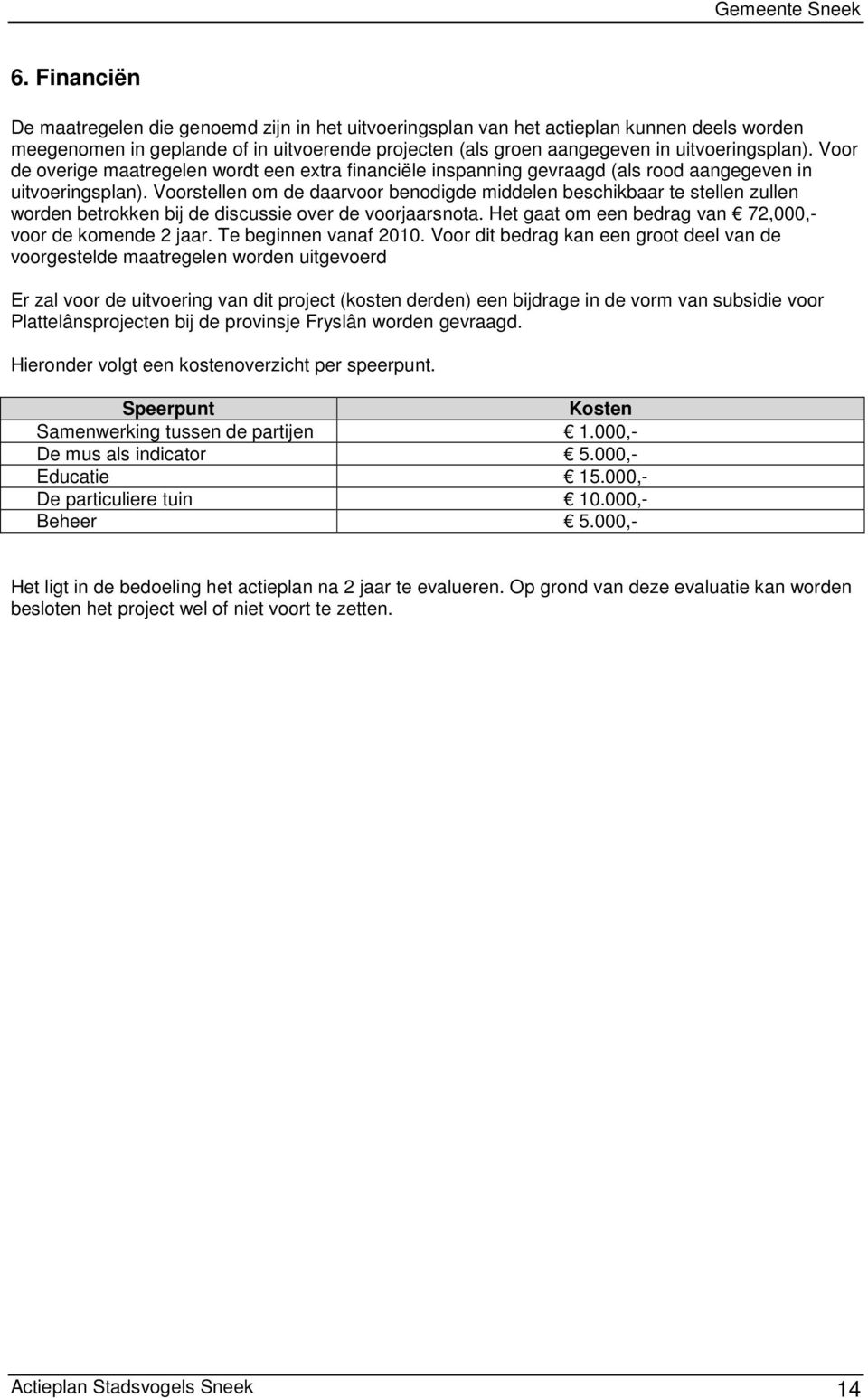 Voorstellen om de daarvoor benodigde middelen beschikbaar te stellen zullen worden betrokken bij de discussie over de voorjaarsnota. Het gaat om een bedrag van 72,000,- voor de komende 2 jaar.