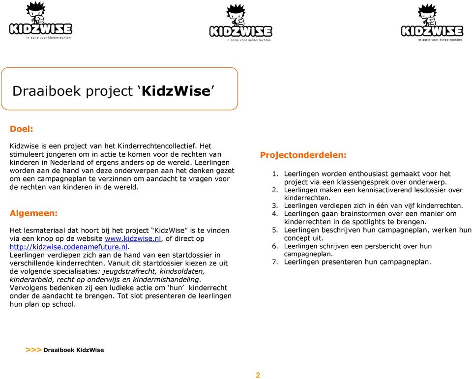 Leerlingen worden aan de hand van deze onderwerpen aan het denken gezet om een campagneplan te verzinnen om aandacht te vragen voor de rechten van kinderen in de wereld.