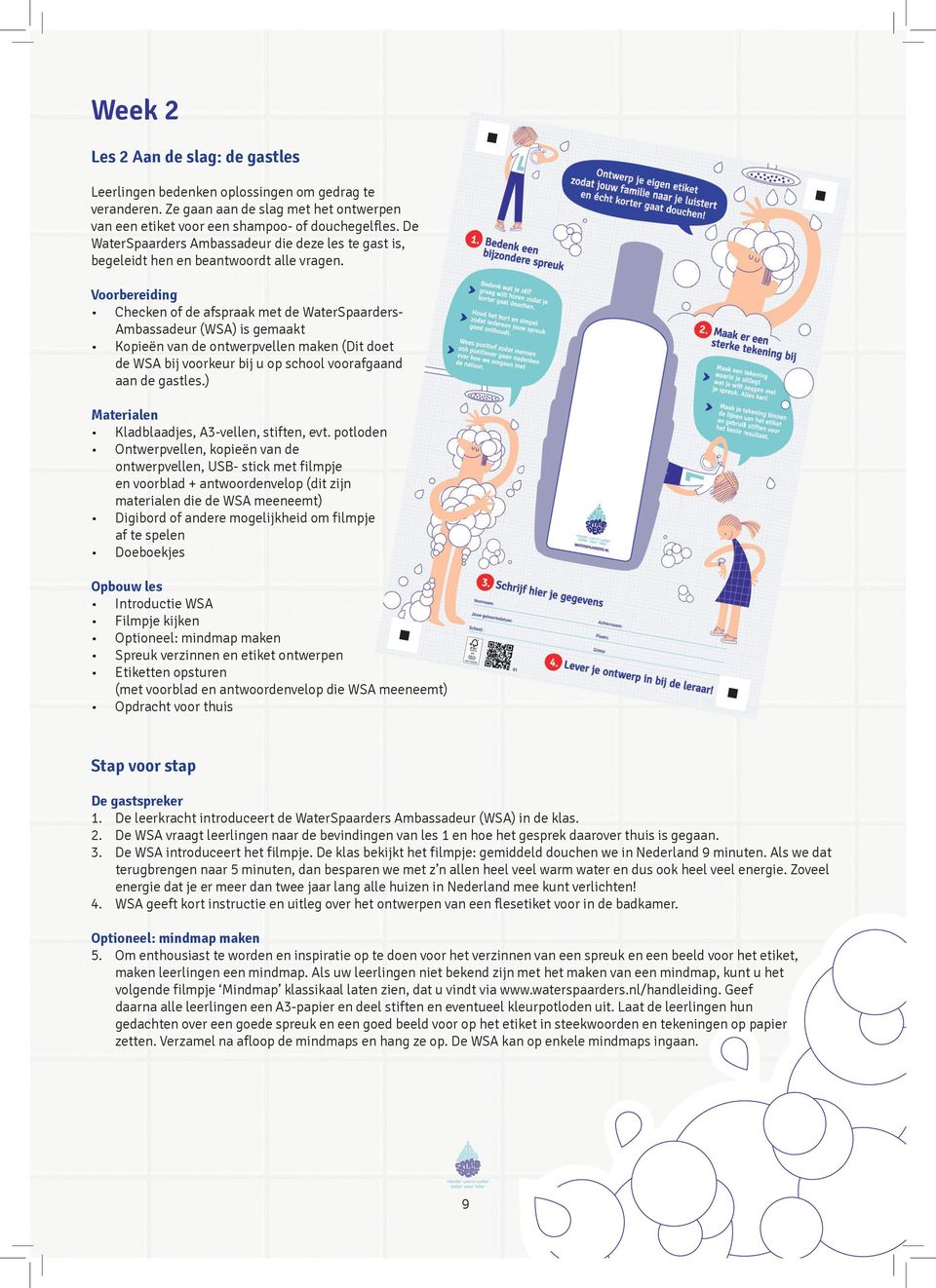 Voorbereiding Checken of de afspraak met de WaterSpaarders- Ambassadeur (WSA) is gemaakt Kopieën van de ontwerpvellen maken (Dit doet de WSA bij voorkeur bij u op school voorafgaand aan de gastles.