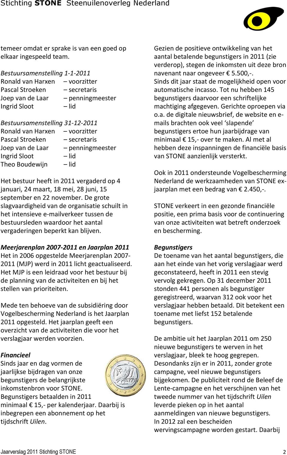 Pascal Stroeken secretaris Joep van de Laar penningmeester Ingrid Sloot lid Theo Boudewijn lid Het bestuur heeft in 2011 vergaderd op 4 januari, 24 maart, 18 mei, 28 juni, 15 september en 22 november.